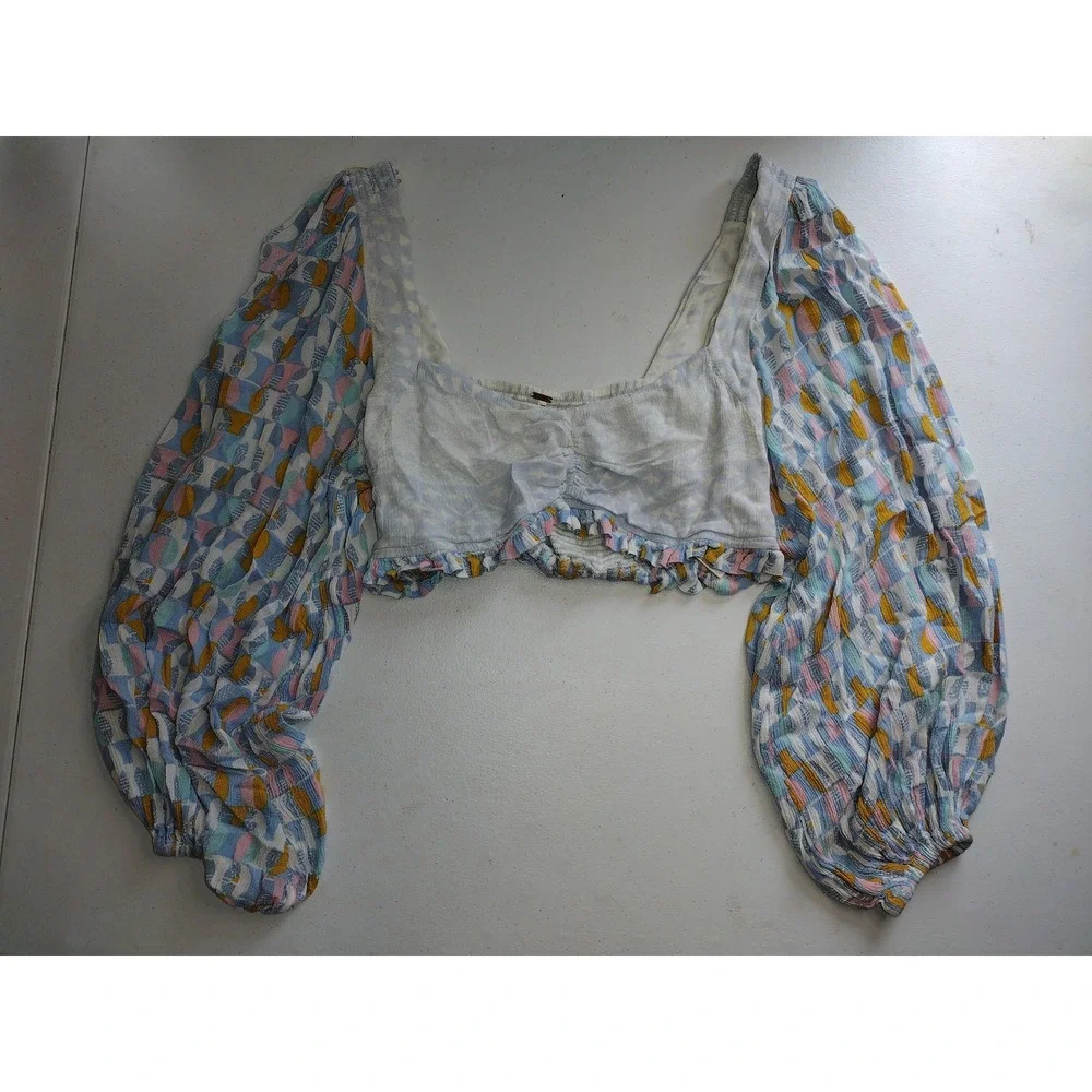 Free People Womens Abstract Geometric Balloon Sleeve Smocked Crop Top Blue S - Picture 1 of 9